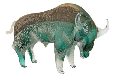 MURANO ITALIA 1970 ca. SCULTURA DI TORO vetro corroso nei toni di verde, oro...