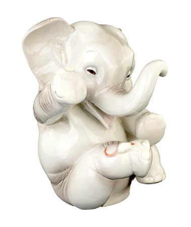 LENCI TORINO 1940 ca. ELEFANTINO CON TOPOLINO terracotta maiolicata dipinta a...