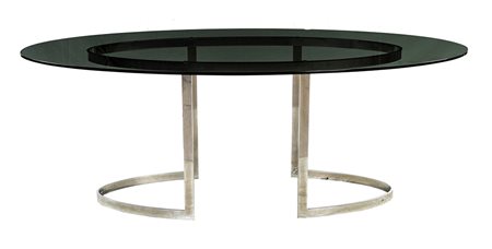 VITTORIO INTROINI 1970 TAVOLO CONSOLLE base acciaio, top in vetro fumè verde,...