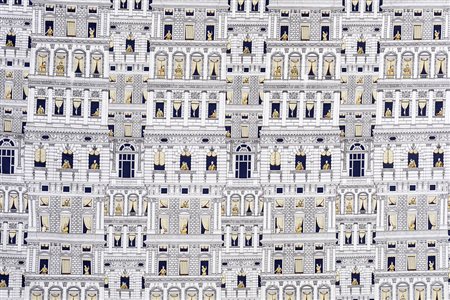 FORNASETTI 1980 TESSUTO con disegni di personaggi in finestra, rasatello di...