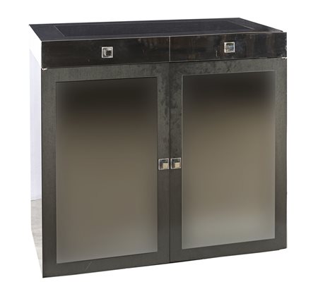 ROMEO REGA (Attr.) 1970 ca. Mobile Bar in acciaio e formica nera e vetri...