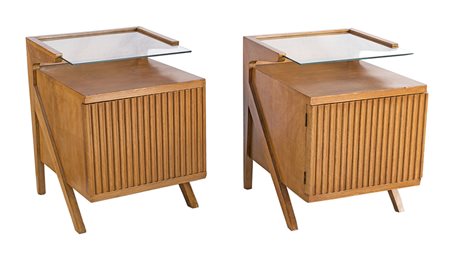 VINICIO PALADINI 1950 COPPIA DI COMODINI in rovere biondo, ripiano in vetro,...