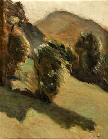 EMILIO SOBRERO (Torino 1890-Roma 1964) PAESAGGIO IN MONTAGNA olio su tavola,...