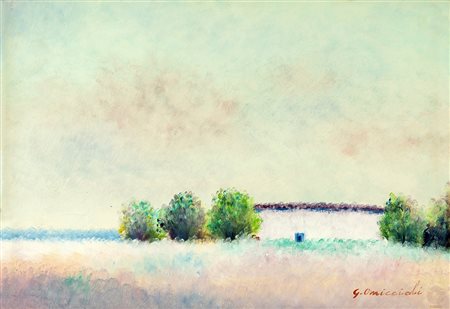 GIOVANNI OMICCIOLI (Roma 1901-Roma 1975) CAPANNA A FREGENE olio su cartone,...