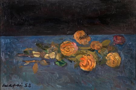 MARIO MAFAI (Roma 1909-Roma 1962) NATURA MORTA CON ROSE GIALLE SU UN TAVOLO...