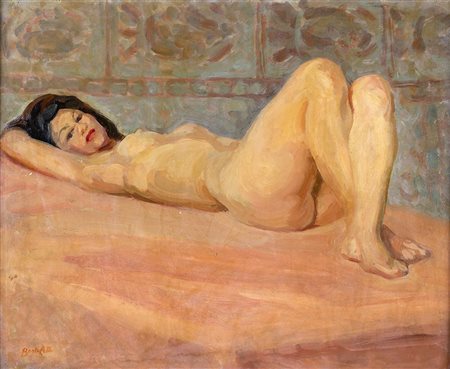 NINO BERTOLETTI (Roma 1869-Roma 1971) NUDO SDRAIATO olio su masonite, cm...