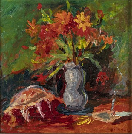 ACHILLE SDRUSCIA (Roma 1910-Roma 1994) VASO DI FIORI olio su tavola, cm...