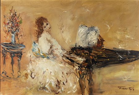 GIANNI TESTA (Roma 1936) RAGAZZA AL PIANOFORTE olio su tela, cm 90x125. Firma...
