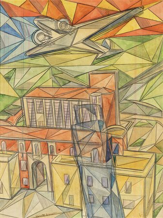 UBERTO BONETTI (Viareggio 1909-Viareggio 1993) VOLO SU LITTORIA tecnica mista...