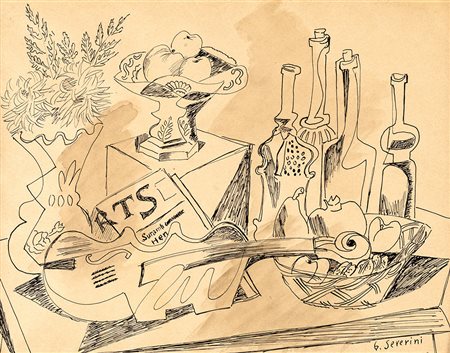 GINO SEVERINI (Cortona 1883-Parigi 1966) NATURA MORTA GIORNALE E VIOLINO...