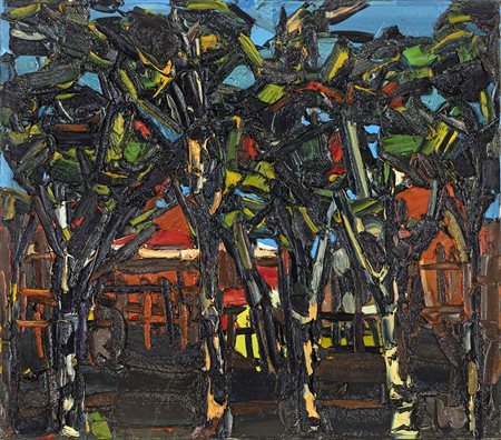 CARLO CAROLI (Napoli 1920-Anzio 2008) PAESAGGIO CON ALBERI olio su tela, cm...