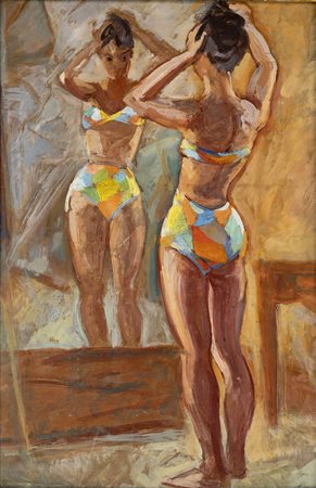 NINO BERTOLETTI (Roma 1869-Roma 1971) FANCIULLA ALLO SPECCHIO olio su...