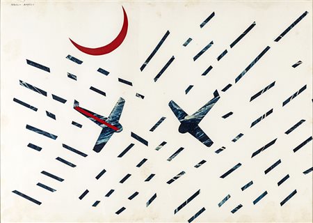 FRANCO ANGELI (Roma 1935-Roma 1988) AEREI olio e collage su cartone, cm...
