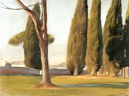 FRANCESCO PARISI (Roma 1972) PAESAGGIO CON CIPRESSI pastello su carta, cm...