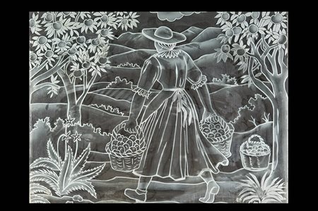 Flavio Poli (zugeschrieben/attribuito) Vetrata “Contadina con cesti colmi di...