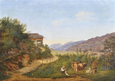 Maler um 1850/Pittore del 1850 ca. Castello Büchsenhausen con vista sulla...