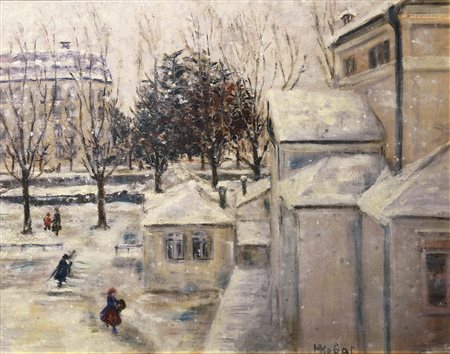 Mary Kebat (1898 — 1983) Passeggiata a Merano in inverno;Olio su cartone, 39...