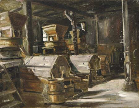 Erwin Reheis (* Zams 1941) Interno di un mulino tirolese;Olio su tela, 48,5 x...