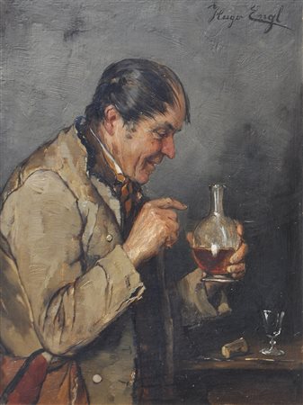 Hugo Engl Degustazione di vini;Olio su tavola, 21 x 16 cm Firma