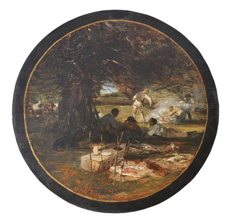 Heinrich von Zügel Sosta dopo la caccia;Olio su tavola, diametro 50 cm Firma