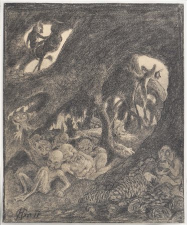 Hugo Grimm Spiriti dei boschi;Carboncino, 30,5 x 25,2 cm Monogramma