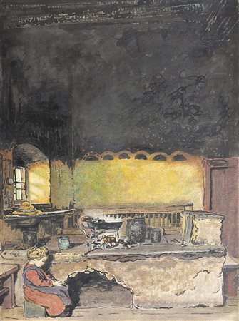 Hugo Grimm Ragazza in vecchia cucina contadina;Acquerello, china, 39 x 29 cm