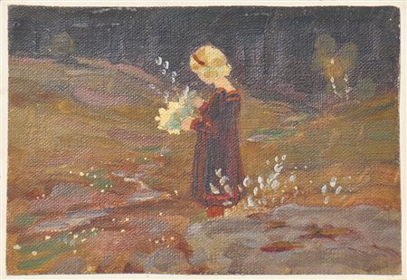 Hugo Grimm Ragazza che raccoglie dei fiori;Olio su tela, 8,3 x 11,9 cm