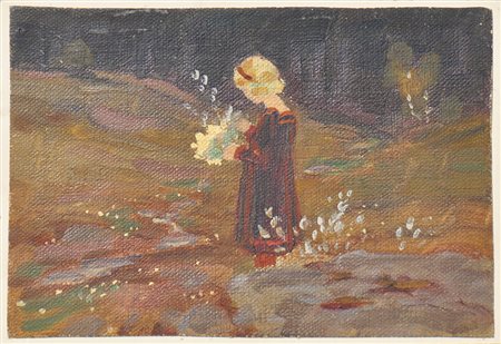 Hugo Grimm Ragazza che raccoglie dei fiori;Olio su tela, 8,3 x 11,9 cm
