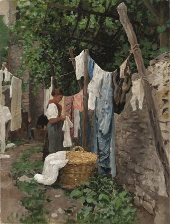 Alexander Koester Giorno del bucato a Chiusa, 1895;Olio su tela, 51 x 38,6...