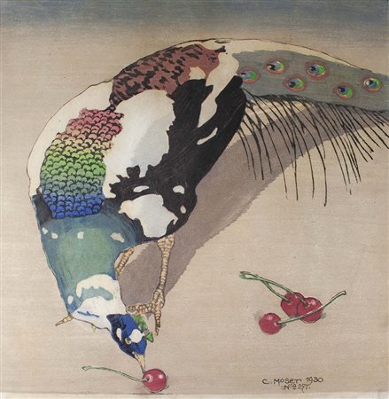 Carl Moser Pavone con macchie bianche, 1930;Xilografia a colori, 38 x 38 cm,...