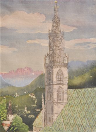Anton Theodor Röggla Torre parrocchiale di Bolzano;Xilografia a colori, 33 x...