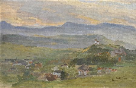 Ignaz Stolz (Bozen/Bolzano 1868 – Lana 1953) Paesaggio in Oltradige;Olio su...