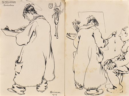 Hugo Grimm (Feldkirch 1866 – Kitzbühel 1944) Caricature del pittore di guerra...