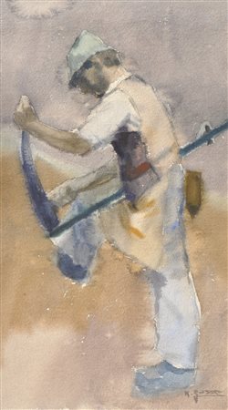 Karl Gasser Contadino che affila la falce;Acquerello, 34 x 19 cm, in cornice...