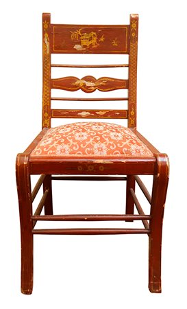 Manifattura siciliana, XX secolo Sedia con decori orientali Legno di pino...