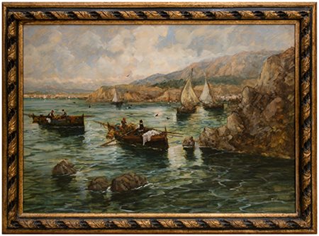 Anonimo, XX secolo Marina con barche da pesca Olio su tela 70x100 cm Il bene...