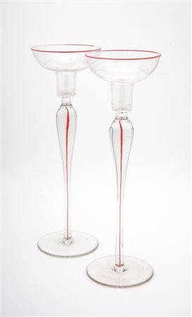 CENEDESE GINO Coppia di candelieri. . Cm 10,00 x 29,50. Vetro trasparente con...