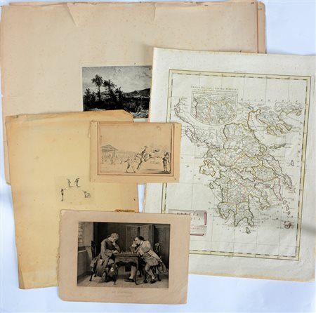 Lotto di sette stampe diverse tra cui due carte geografiche del secolo XVIII...