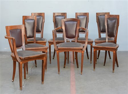Piero Zen (Attribuito)Gruppo di sei sedie e due capitavola liberty. Milano,...
