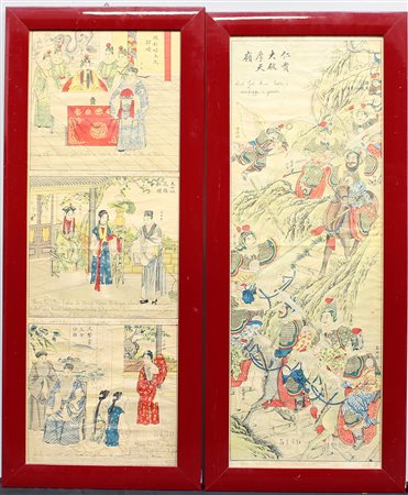 Coppia di stampe raffiguranti scene di palazzo, inchiostro e colore su carta...