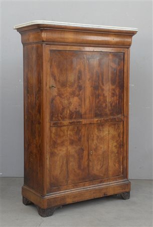 Secretaire in noce e piuma di noce, un'anta nella parte superiore con vani e...