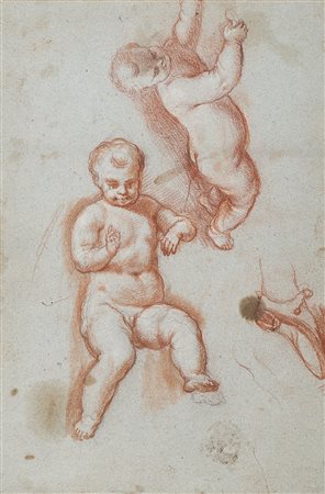 Artista del secolo XVIII "Studio di putti" matita rossa e tracce di matita su...