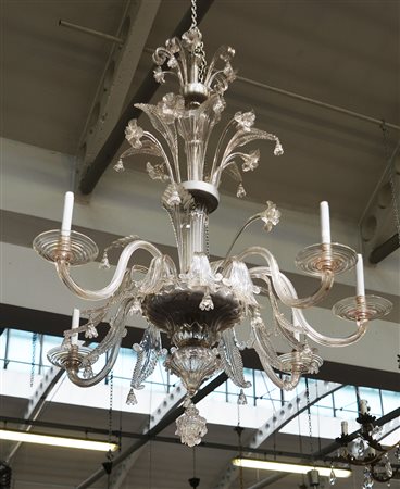 Manifattura di Murano, lampadario a cinque braccia in vetro incolore (h cm...