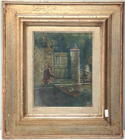 Firma indecifrata "Figura sull'uscio" olio su tavoletta (cm 24,5x19) Tracce...