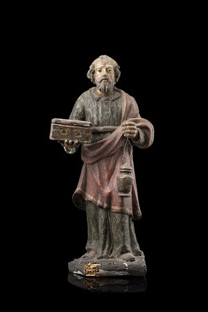 Arte popolare secolo XIX "Figura religiosa" Scultura in legno decorato in...