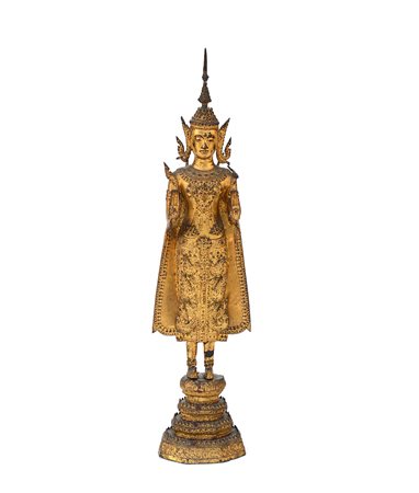 Scultura in bronzo dorato raffigurante Buddha, Thailandia, sec. XX (h.56...