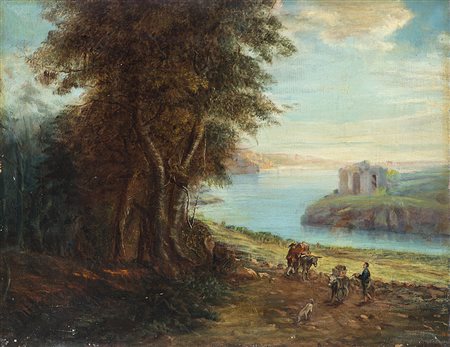 Ignoto "Paesaggio fluviale" olio su tela (cm 34x41). In cornice