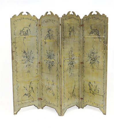 Paravento a quattro ante in legno laccato a monocromia e paesaggi con scene...