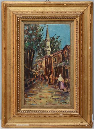 Firma indecifrata "Paesaggio orientale" olio su cartone (cm 25x14) Firmato in...