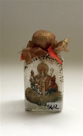 Bottiglia per la manna in vetro soffiato e dipinto in policromia con...